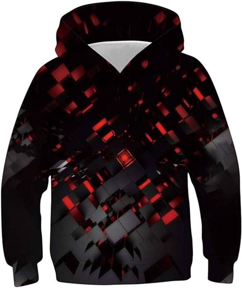 Boys 3D Graphic Pullover Hoodie Red Black Geometric Print Hooded Sweatshirt Medi